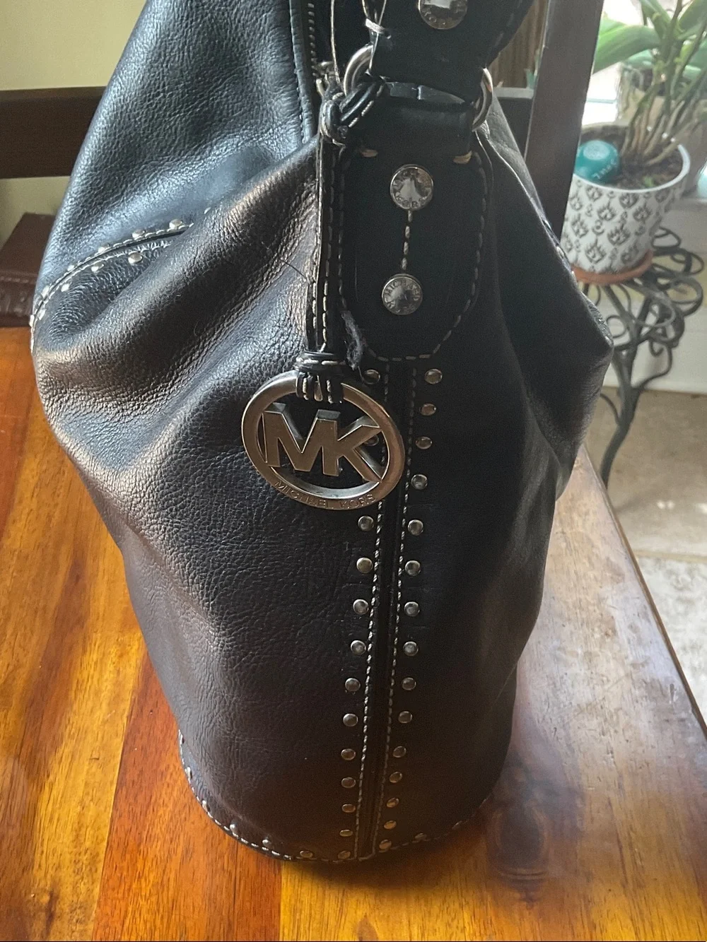Michael Kors Black Leather Stud-Trim Hobo with MK Charm